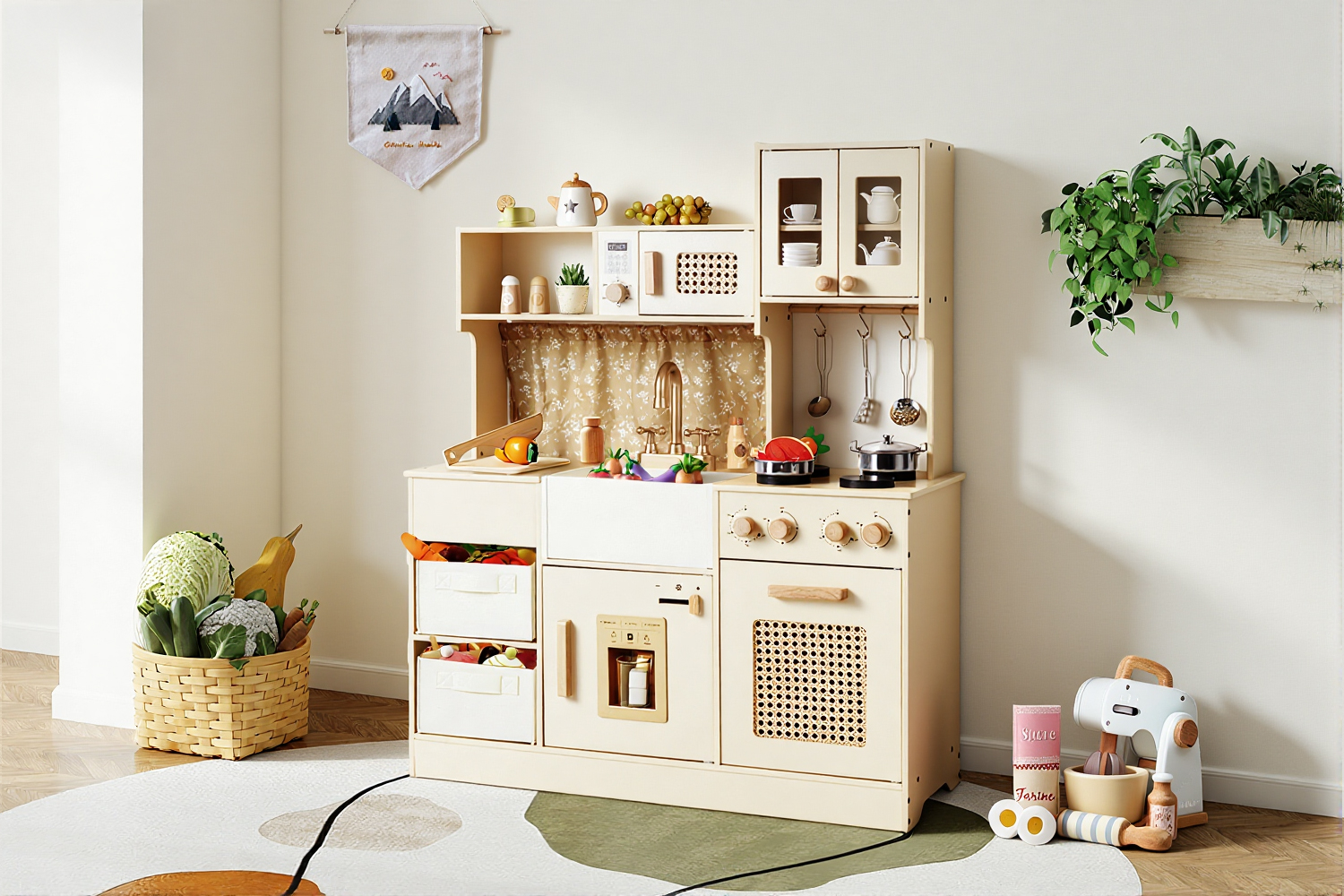 Cream wooden play kitchen set with storage, sink, stovetop and pretend cooking accessories